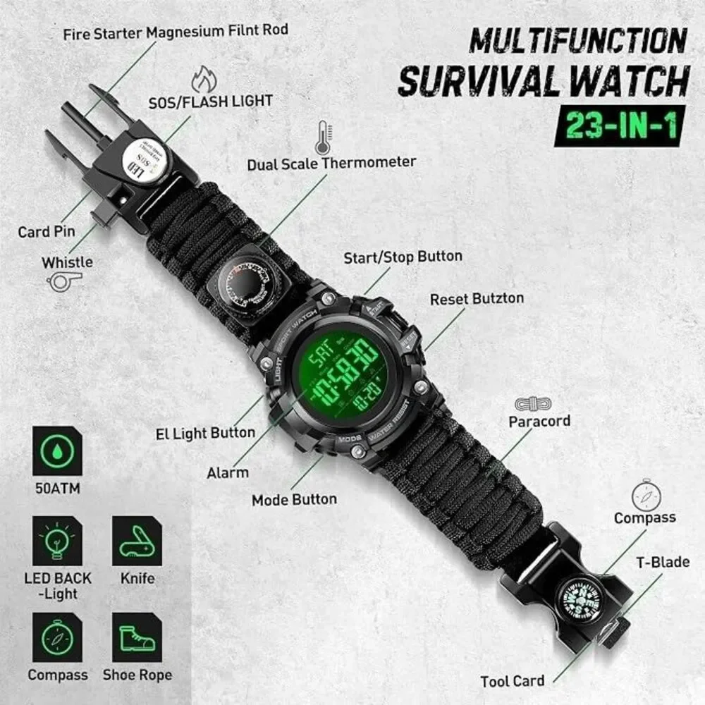 Men's Survival Military Digital Watch, 23-in-1 Tactical Paracord,LED Watch NEW